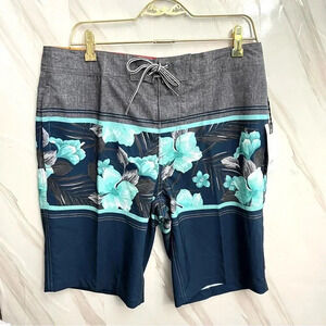 Board Shorts Swim Size 32 Navy Gray Teal Hawaiian Floral 10" Inseam